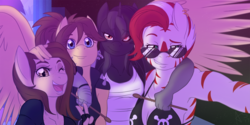 Size: 1000x500 | Tagged: safe, artist:curiouskeys, oc, oc only, oc:cookie dough, oc:flitter feather, oc:sprocket, oc:zeze, cyborg, earth pony, pegasus, unicorn, zebra, anthro, band, getting the band back together, party, sunglasses