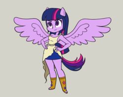 Size: 1900x1500 | Tagged: safe, artist:khuzang, twilight sparkle, equestria girls, g4, boots, breasts, clothes, commission, cute, determined, feet, female, greek, greek clothes, hand on hip, ponied up, shoes, simple background, skirt, smiling, solo, spread wings, standing, twiabetes, wings