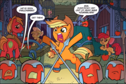 Size: 670x447 | Tagged: safe, artist:tony fleecs, idw, official comic, apple bloom, applejack, bad apple, big macintosh, granny smith, spike, dragon, earth pony, living apple, pony, g4, night of the living apples, spoiler:comic, spoiler:comic32, apple, apple family, barn, butt, cage, chains, cropped, female, filly, foal, food, helmet, male, mare, plot, spear, speech bubble, stallion, weapon