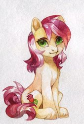 Size: 979x1443 | Tagged: safe, artist:share dast, roseluck, earth pony, pony, g4, blushing, bust, cute, female, looking at you, mare, portrait, simple background, sitting, solo, traditional art, unshorn fetlocks, watercolor painting, white background