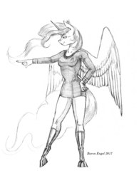 Size: 1100x1411 | Tagged: safe, artist:baron engel, princess celestia, alicorn, anthro, unguligrade anthro, g4, breasts, busty princess celestia, clothes, crossover, female, mare, monochrome, pencil drawing, simple background, sketch, smiling, solo, star trek, traditional art, white background