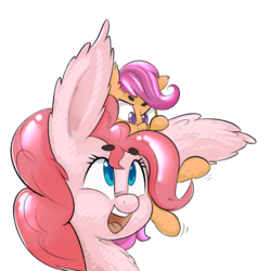 Size: 2000x2000 | Tagged: safe, artist:zapplebow, pinkie pie, scootaloo, earth pony, pegasus, pony, g4, big ears, duo, ear fluff, ear grab, female, filly, high res, open mouth, simple background, smiling, style emulation