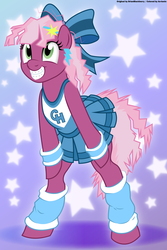 Size: 3400x5100 | Tagged: safe, artist:an-tonio, artist:brianblackberry, color edit, derpibooru exclusive, edit, cheerilee, earth pony, pony, g4, 80s, 80s cheerilee, absurd resolution, bipedal, bow, braces, cheeribetes, cheerileeder, cheerleader, clothes, colored, cute, ear piercing, earring, female, grin, jewelry, leg warmers, moe, piercing, pleated skirt, skirt, skirt lift, smiling, solo