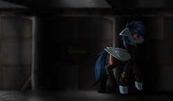 Size: 1700x1000 | Tagged: safe, artist:radinance, artist:thestive19, oc, oc only, pegasus, pony, fallout equestria, bunker, ear fluff, enclave, fanfic, fanfic art, female, floppy ears, grand pegasus enclave, hooves, mare, muzzle fluff, solo, wings