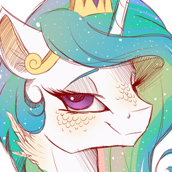 Size: 632x632 | Tagged: safe, artist:evehly, princess celestia, alicorn, pony, g4, alternate design, bust, crown, female, jewelry, lidded eyes, looking at you, mare, neck feathers, portrait, regalia, scales, simple background, smiling, solo, white background