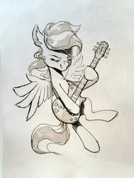 Size: 914x1212 | Tagged: safe, artist:hunternif, oc, oc only, oc:green string, pegasus, pony, electric guitar, eyes closed, guitar, monochrome, musical instrument, sketch, smiling, solo, traditional art