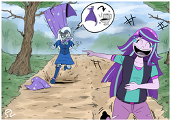 Size: 1600x1131 | Tagged: safe, artist:alvh-omega, starlight glimmer, trixie, equestria girls, g4, angry, boots, cape, caught, clothes, crying, duo, eyes closed, fall formal outfits, forest, hat, high heel boots, jacket, laughing, racing, raised leg, running, running in place, struggling, stuck, tears of laughter, toilet, trixie's cape, trixie's hat