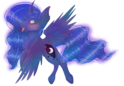 Size: 1480x1030 | Tagged: safe, artist:liddieneko, princess luna, g4, chest fluff, curved horn, ear fluff, female, flying, horn, simple background, solo, tongue out, transparent background, underhoof