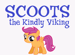 Size: 1178x876 | Tagged: artist needed, source needed, safe, edit, scootaloo, pony, g4, female, filly, logo parody, looking at you, simple background, smiling, teaser, veggietales