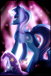 Size: 2292x3387 | Tagged: safe, artist:kurochhi, trixie, pony, unicorn, g4, butt, clothes, female, glowing horn, hat, high res, horn, looking at you, looking back, magic, mare, plot, rear view, smiling, the great and powerful ass, trixie's hat
