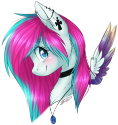 Size: 840x886 | Tagged: safe, artist:doekitty, oc, oc only, oc:bloody cupcake, pegasus, pony, blushing, cross, ear piercing, earring, female, gift art, jewelry, looking back, mare, piercing, simple background, solo, transparent background