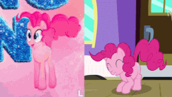 Size: 640x360 | Tagged: safe, screencap, pinkie pie, earth pony, pony, g4, my little pony: the movie, animated, bouncing, comparison, cute, diapinkes, female, gif, hoofy-kicks, jumping, pronking, smiling, video