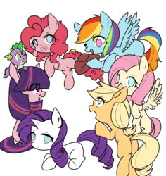 Size: 968x1024 | Tagged: safe, artist:alus, applejack, fluttershy, pinkie pie, rainbow dash, rarity, spike, twilight sparkle, dragon, earth pony, pegasus, pony, unicorn, g4, cute, eye clipping through hair, mane seven, mane six, no pupils, one eye closed, open mouth, simple background, transparent background, wink