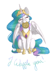 Size: 5100x7014 | Tagged: safe, artist:flita, princess celestia, alicorn, pony, g4, absurd resolution, cute, cutelestia, eyes closed, female, food, mare, mouth hold, simple background, sitting, smiling, solo, spread wings, transparent background, waffle