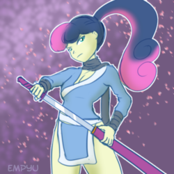 Size: 800x800 | Tagged: safe, artist:empyu, bon bon, sweetie drops, equestria girls, g4, alternate hairstyle, breasts, cleavage, clothes, colored pupils, female, katana, looking at you, scarf, serious, serious face, side slit, solo, sword, weapon