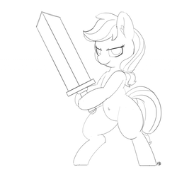 Size: 1280x1245 | Tagged: safe, artist:pabbley, applejack, earth pony, pony, g4, 30 minute art challenge, belly button, bipedal, female, hoof hold, lidded eyes, looking at you, missing accessory, monochrome, sketch, smiling, smirk, solo, sword, weapon