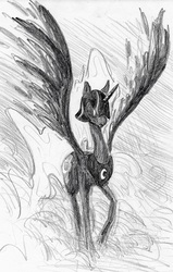 Size: 948x1490 | Tagged: safe, artist:t72b, derpibooru exclusive, nightmare moon, alicorn, pony, g4, armor, female, fog, grayscale, monochrome, night, raised hoof, solo, spread wings, traditional art, wings