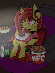Size: 960x1280 | Tagged: dead source, safe, artist:php62, oc, oc only, oc:ruby splash, bat pony, chicken, pony, can, choker, clothes, couch, cup, ear piercing, earring, eyeshadow, food, freckles, ice cream, jewelry, kfc, lidded eyes, makeup, piercing, shirt, sitting, solo, unshorn fetlocks