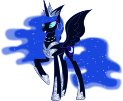 Size: 6000x4938 | Tagged: safe, artist:magister39, nightmare moon, alicorn, pony, g4, absurd resolution, alternate universe, armor, crown, ear piercing, earring, fangs, female, grin, hooped earrings, jewelry, mare, necklace, new lunar republic, nightmareverse, peytral, raised hoof, regalia, simple background, smiling, solo, transparent background