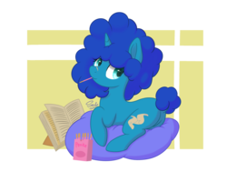 Size: 1024x819 | Tagged: safe, artist:soulfulmirror, oc, oc only, oc:cyanus blues, pony, unicorn, book, butt, dock, female, food, mare, mouth hold, pillow, plot, pocky, prone, simple background, solo, transparent background