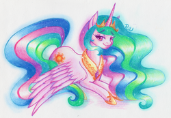 Size: 1500x1040 | Tagged: safe, artist:x-piiu, princess celestia, alicorn, pony, g4, collar, crown, female, jewelry, looking at you, mare, necklace, prone, regalia, signature, simple background, smiling, solo, tiara, traditional art