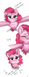 Size: 2108x5471 | Tagged: safe, artist:mrscurlystyles, pinkie pie, earth pony, pony, g4, chest fluff, comic, cute, daaaaaaaaaaaw, diapinkes, female, heartwarming, high res, hnnng, hug, looking at you, mare, offscreen character, positive ponies, simple background, smiling, solo, sweet dreams fuel, text, white background
