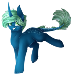 Size: 1666x1708 | Tagged: safe, artist:cloud-drawings, oc, oc only, oc:spirit moss, dracony, hybrid, pony, unicorn, commission, freckles, green eyes, male, raised leg, simple background, solo, stallion, transparent background