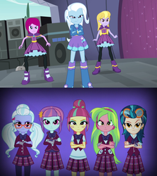 Size: 1280x1434 | Tagged: safe, screencap, fuchsia blush, indigo zap, lavender lace, lemon zest, sour sweet, sugarcoat, sunny flare, trixie, equestria girls, g4, my little pony equestria girls: friendship games, my little pony equestria girls: rainbow rocks, boots, clothes, crossed arms, crystal prep academy uniform, crystal prep shadowbolts, female, freckles, glasses, goggles, headphones, high heel boots, high heels, jacket, leggings, looking at you, pantyhose, school uniform, shadow five, skirt, trixie and the illusions