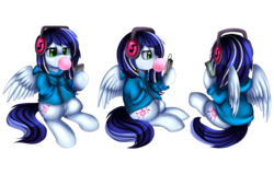 Size: 3862x2455 | Tagged: safe, artist:pridark, oc, oc only, oc:bubble splat, pegasus, pony, bubblegum, clothes, commission, female, food, green eyes, gum, headphones, high res, hoodie, lidded eyes, mare, mp3 player, simple background, sitting, solo, sweater, transparent background