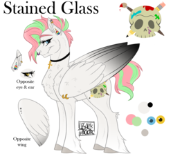 Size: 1437x1298 | Tagged: safe, artist:cranberry--zombie, oc, oc only, oc:stained glass, pegasus, pony, female, mare, nose piercing, nose ring, piercing, reference sheet, solo, unshorn fetlocks, wing piercing