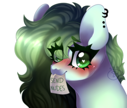 Size: 1024x870 | Tagged: safe, artist:starshame, oc, oc only, pony, blushing, dog lip, ear piercing, earring, female, jewelry, looking at you, mare, mouth hold, note, piercing, send nudes, simple background, solo, transparent background, we don't normally wear clothes