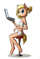 Size: 960x1420 | Tagged: safe, artist:tg-0, oc, oc only, oc:gamble, earth pony, anthro, unguligrade anthro, belly button, boyshorts, clothes, computer, female, laptop computer, mare, panties, solo, stool, tank top, underwear, white underwear