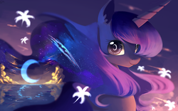 Size: 1920x1200 | Tagged: dead source, safe, artist:gianghanz, princess luna, alicorn, pony, beautiful, crescent moon, female, flower, galaxy mane, horizon, looking at you, mare, missing accessory, moon, sky, smiling, solo, wallpaper, water