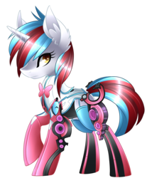 Size: 1739x2100 | Tagged: safe, artist:scarlet-spectrum, oc, oc only, oc:audina puzzle, pony, unicorn, clothes, commission, cute, ear fluff, looking at you, octavia (warframe), raised hoof, simple background, solo, transparent background, warframe