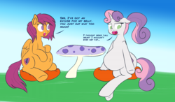 Size: 1024x597 | Tagged: safe, artist:cosmonaut, scootaloo, sweetie belle, pegasus, pony, unicorn, g4, belly, dialogue, fat, female, food baby, mare, older, pregnant, pregnant scootaloo, sitting, sweetie belly, sweetiedumb