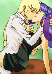 Size: 500x707 | Tagged: safe, artist:eulicious, applejack, rarity, human, g4, clothes, dress, eyes closed, female, humanized, kissing, lesbian, necktie, ring, ship:rarijack, shipping, suit, wedding ring