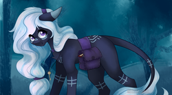 Size: 1024x571 | Tagged: safe, artist:itsizzybel, oc, oc only, pony, female, floppy ears, forest, jewelry, leonine tail, long tail, looking at you, mare, necklace, saddle bag, solo, white hair