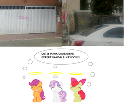 Size: 5184x4376 | Tagged: safe, apple bloom, scootaloo, sweetie belle, g4, absurd resolution, car, cutie mark crusaders, graffiti, irl, photo, vandalism