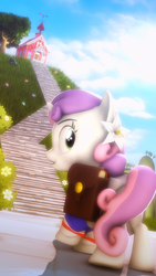 Size: 2159x3840 | Tagged: safe, artist:selestlight, sweetie belle, g4, 3d, female, flower, flower in hair, high res, looking back, ponyville schoolhouse, rock, saddle bag, school, shadow, solo, source filmmaker, stairs, tree
