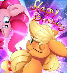 Size: 2600x2800 | Tagged: safe, artist:madacon, applejack, pinkie pie, earth pony, pony, g4, color porn, cute, female, freckles, happy birthday, high res, jackabetes, mare, one eye closed, tongue out, wink