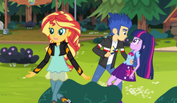 Size: 986x576 | Tagged: safe, flash sentry, sunset shimmer, twilight sparkle, equestria girls, g4, camp everfree, clothes, female, male, ship:flashlight, shipping, skirt, straight, youtube link