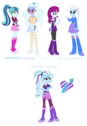 Size: 932x1349 | Tagged: safe, artist:berrypunchrules, mystery mint, sonata dusk, sugarcoat, trixie, oc, oc:icebreaker polyphony, equestria girls, g4, boots, bracelet, clothes, extra legs, firecracker, four arms, fusion, fusion:mystery mint, fusion:sonata dusk, fusion:sugarcoat, fusion:trixie, glasses, hands behind back, high heel boots, high heels, jacket, jewelry, multiple arms, multiple legs, multiple limbs, pendant, ponytail, scarf, spikes, third eye, three legged, tights