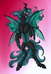 Size: 688x1000 | Tagged: safe, artist:foxenawolf, queen chrysalis, changeling, changeling queen, fanfic:quantum gallop, g4, fanfic art, female, four wings, multiple wings, nightmare chrysalis, open mouth, solo, teeth, wings
