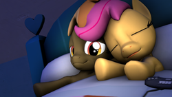 Size: 3840x2160 | Tagged: safe, artist:viranimation, button mash, scootaloo, pony, g4, 3d, bed, female, high res, male, scootamash, sega genesis, shipping, sleeping, source filmmaker, straight