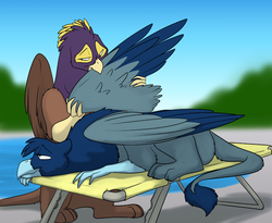 Size: 1000x818 | Tagged: safe, artist:foxenawolf, oc, oc only, oc:glenn (goldfur), oc:watchful eyes, griffon, fanfic:quantum gallop, behaving like a bird, birds doing bird things, disguise, disguised changeling, duo, fanfic art, female, male, partially open wings, preening, swimming pool, wings