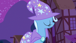 Size: 1280x720 | Tagged: safe, screencap, trixie, pony, unicorn, g4, magic duel, cape, clothes, eyes closed, female, grin, hat, mare, night, smiling, solo, trixie's cape, trixie's hat