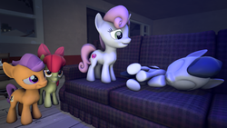Size: 3840x2160 | Tagged: safe, artist:viranimation, apple bloom, rumble, sweetie belle, tender taps, earth pony, pegasus, pony, unicorn, g4, 3d, colt, cute, female, filly, foal, high res, hoof sucking, male, ship:rumbelle, shipping, sleeping, source filmmaker, straight