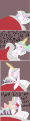 Size: 1608x6424 | Tagged: safe, anonymous artist, princess celestia, alicorn, pony, g4, 4chan, angry, awakening, bed, blanket, colored, comic, dark background, detachable horn, drawthread, female, funny, high res, horn, mare, modular, phone, phone call, pillow, prank call, sleeping, solo, wat