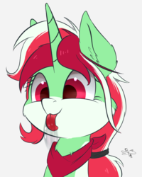 Size: 600x750 | Tagged: safe, artist:malwinters, oc, oc only, oc:clover, pony, unicorn, bandana, cute, female, licking, licking the fourth wall, mare, solo, tongue out