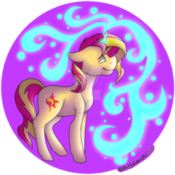 Size: 1024x1024 | Tagged: safe, artist:skittylover2012, sunset shimmer, pony, unicorn, g4, abstract background, female, magic, solo, watermark